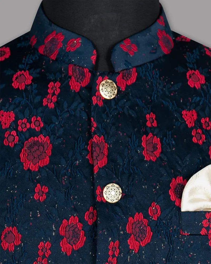 Navy With Red Flower Jacquard Patterned Designer Waistcoat 6