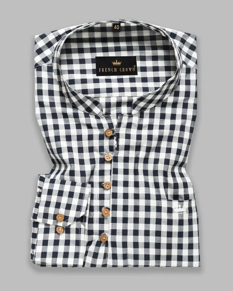 Navy With White Checked Kurta Style Premium Cotton Shirt 1