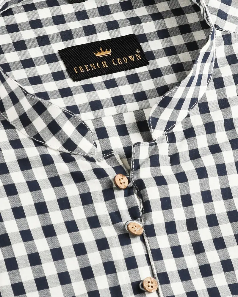 Navy With White Checked Kurta Style Premium Cotton Shirt 3