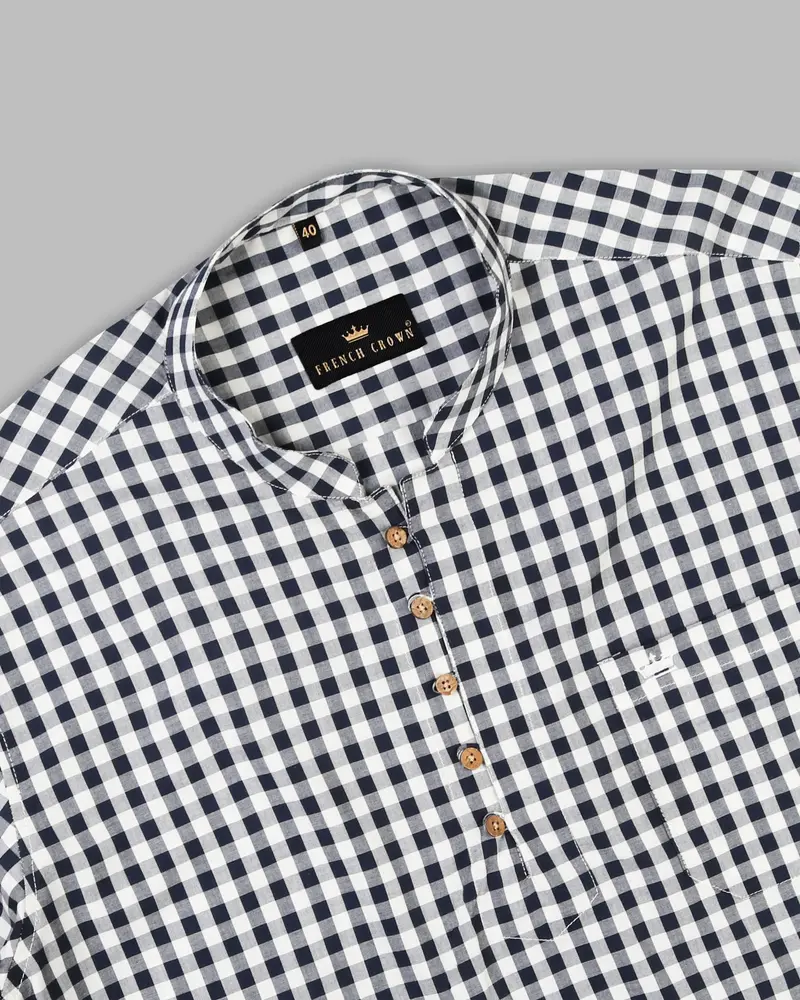 Navy With White Checked Kurta Style Premium Cotton Shirt 4