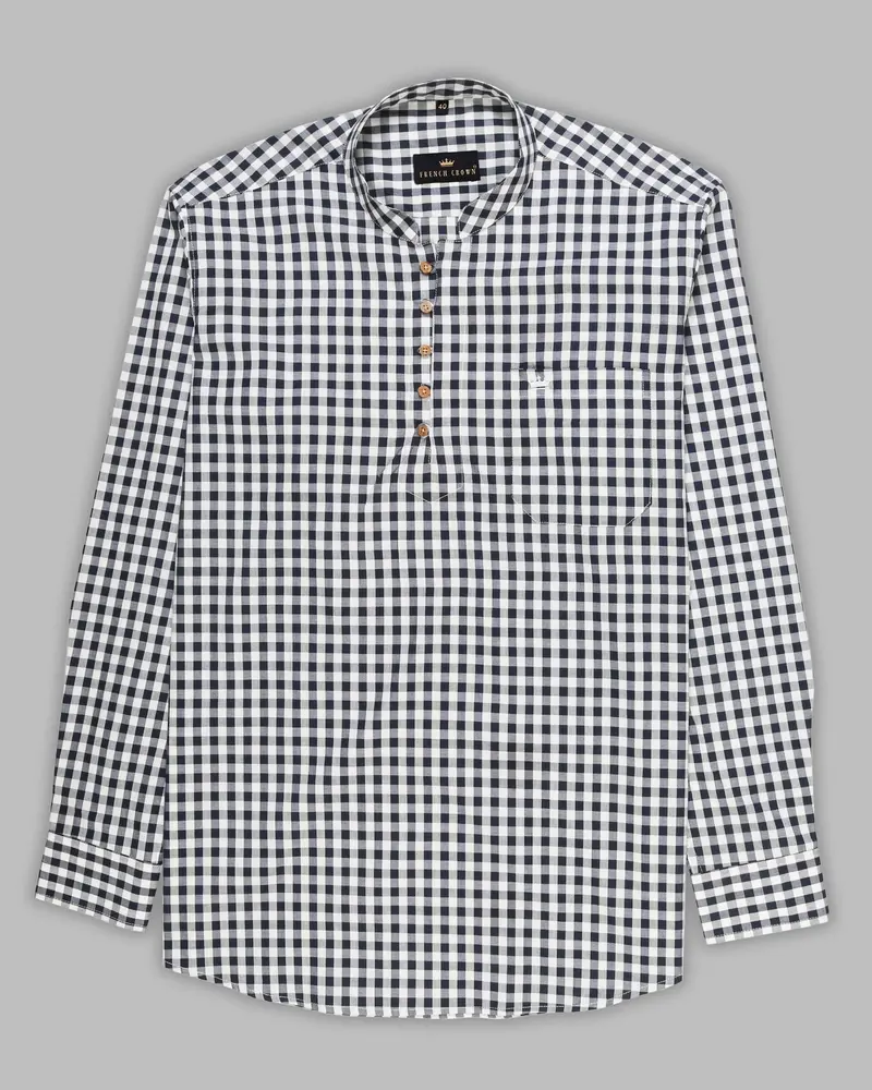 Navy With White Checked Kurta Style Premium Cotton Shirt 5