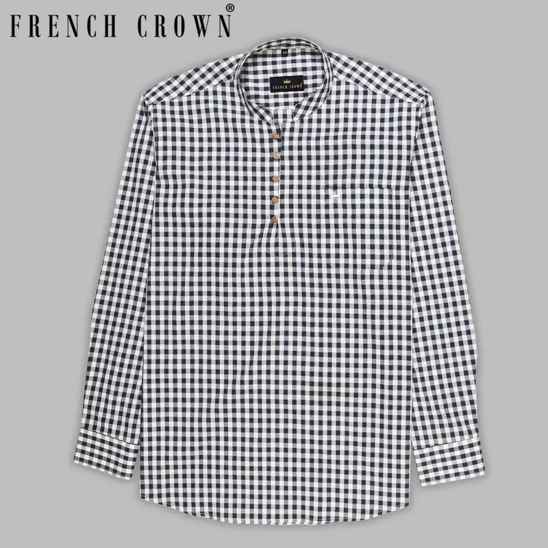 Navy With White Checked Kurta Style Premium Cotton Shirt 7
