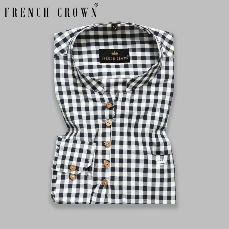 Navy With White Checked Kurta Style Premium Cotton Shirt 9