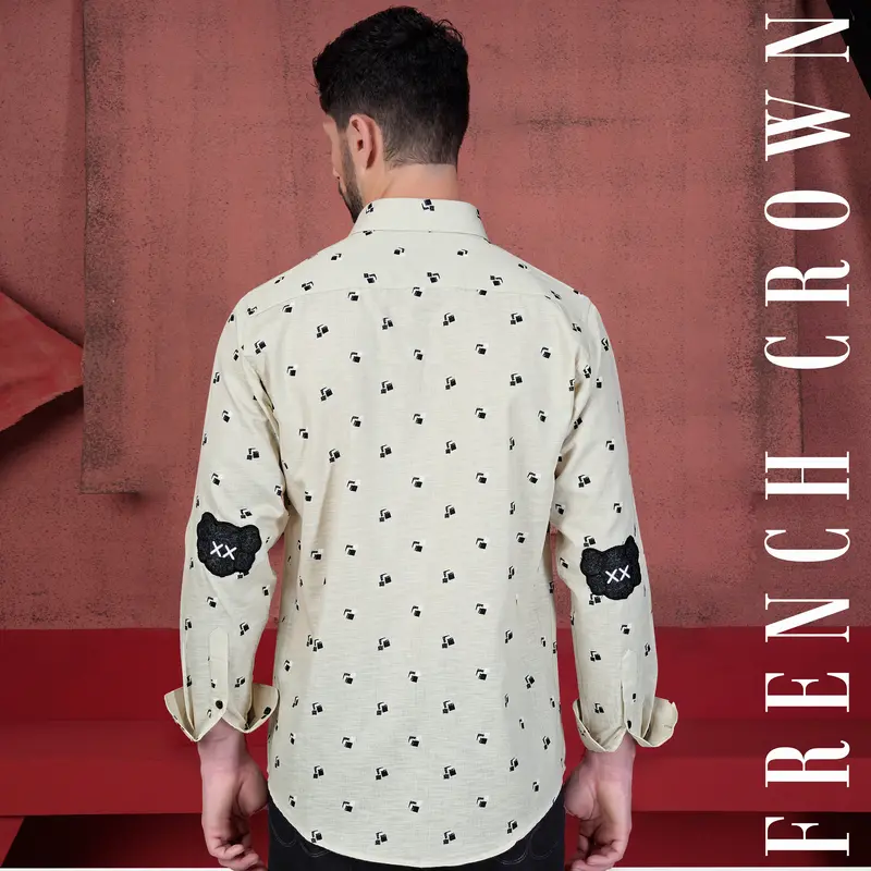 Nebula Cream Printed With Elbow Patchwork Luxurious Linen Designer Shirt 1