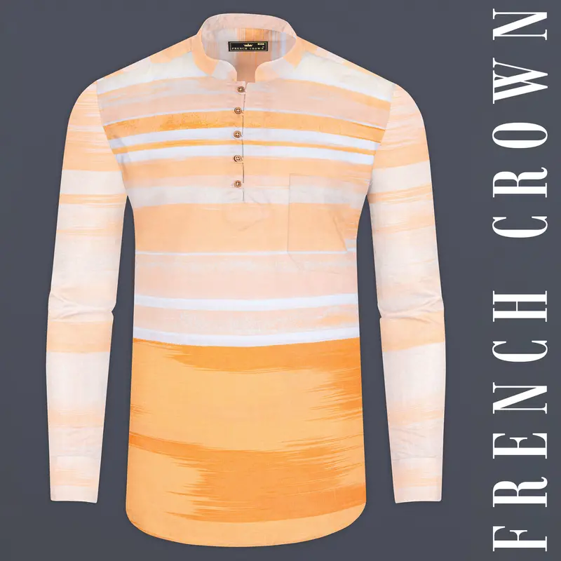 Neon Carrot With White Irregular Striped Premium Cotton Kurta Shirt 1
