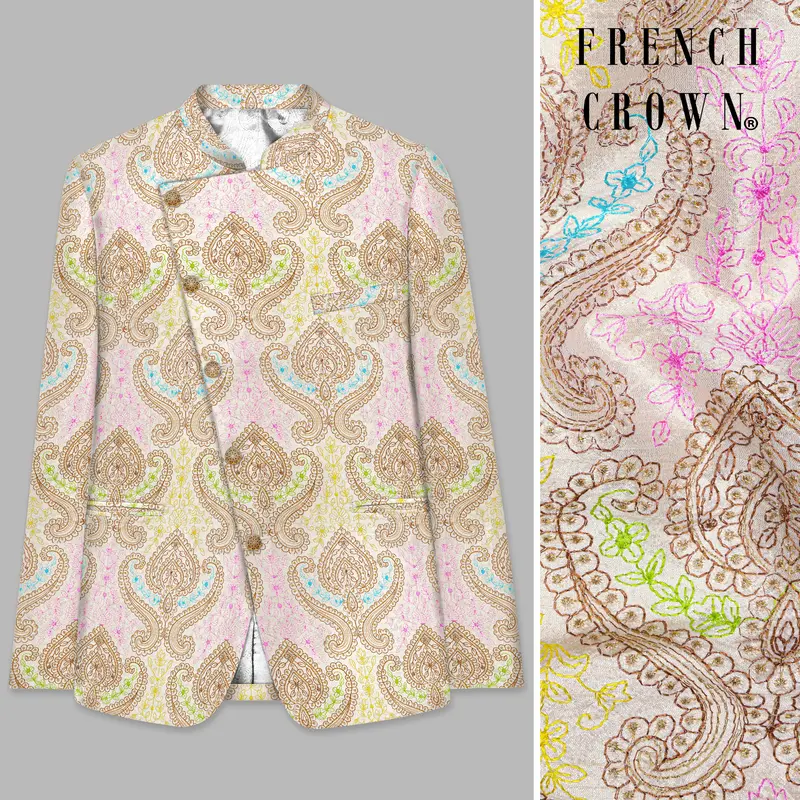 Neon Fuchsia Pink And Starship Yellow Multicolour Embroidered Cross Placket Bandhgala Jodhpuri 1