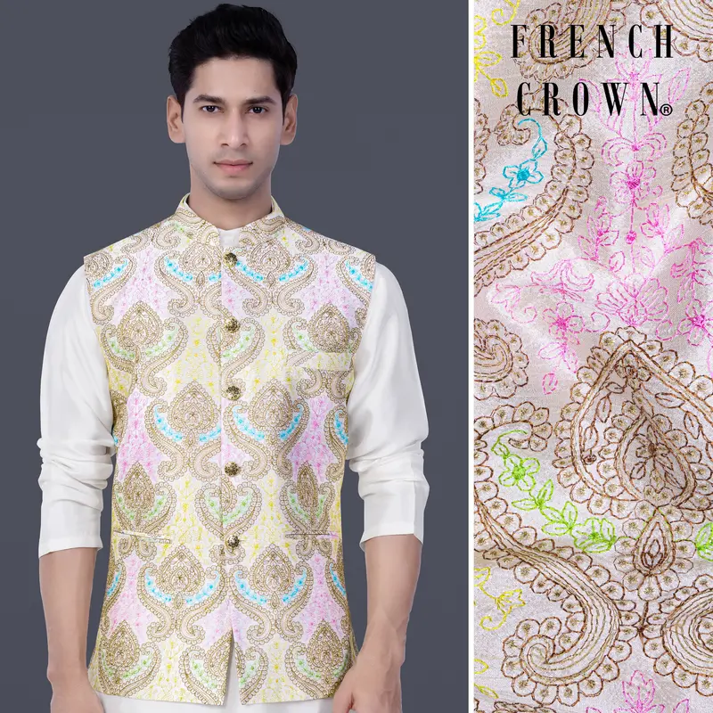 Neon Fuchsia Pink And Starship Yellow Multicolour Embroidered Nehru Jacket 1