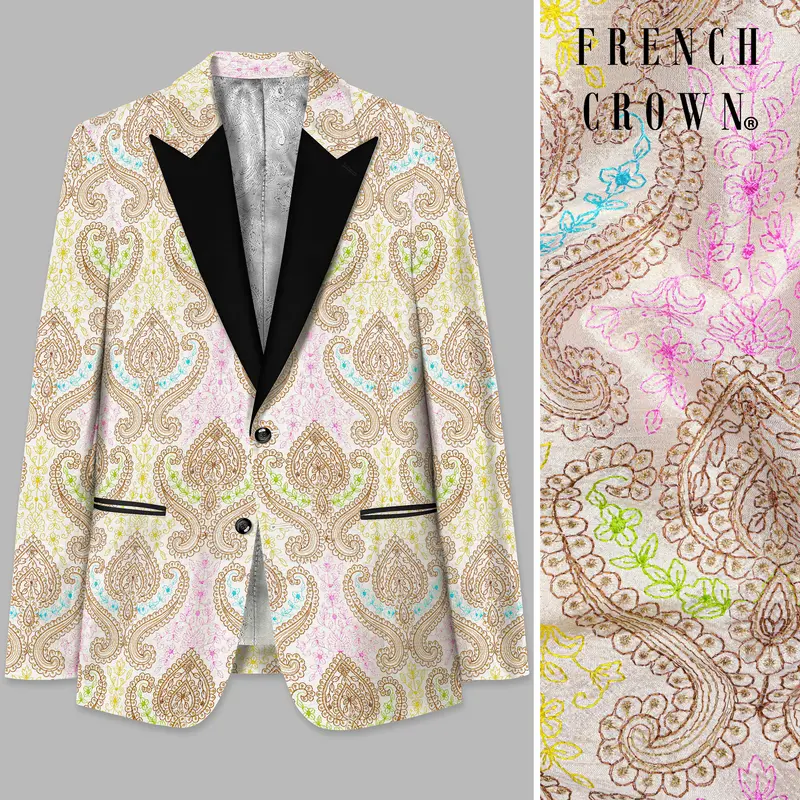 Neon Fuchsia Pink And Starship Yellow Multicolour Embroidered Peak Lapel Tuxedo Blazer 1