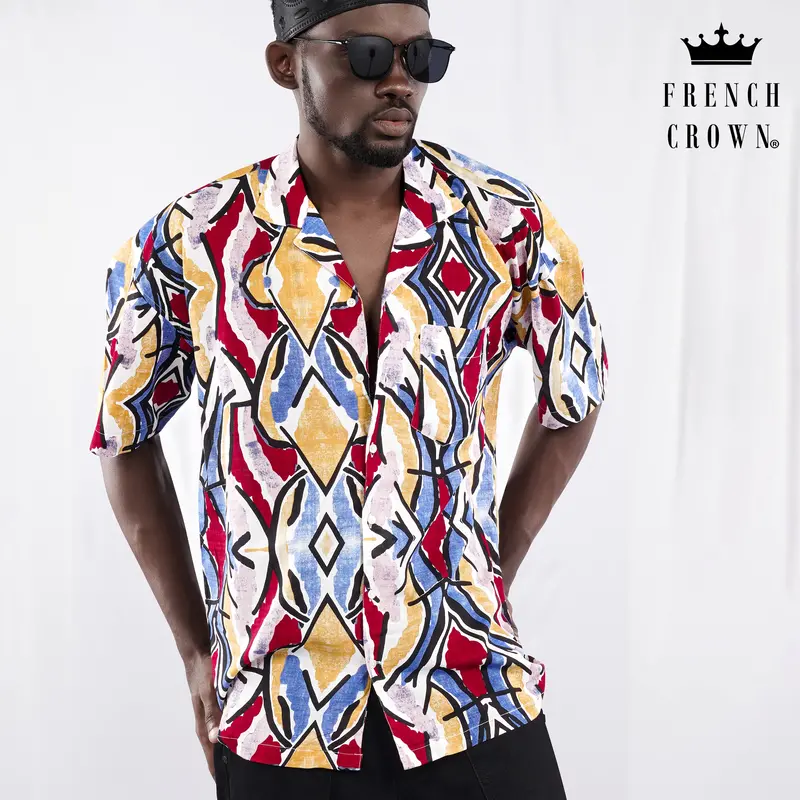 Neptune Blue And Pavlova Brown Multicolour Abstract Printed Lightweight Oversized Premium Cotton Shirt 1