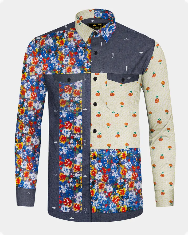 Neptune Blue With Amethyst Gray Floral Printed Denim Designer Shirt 1