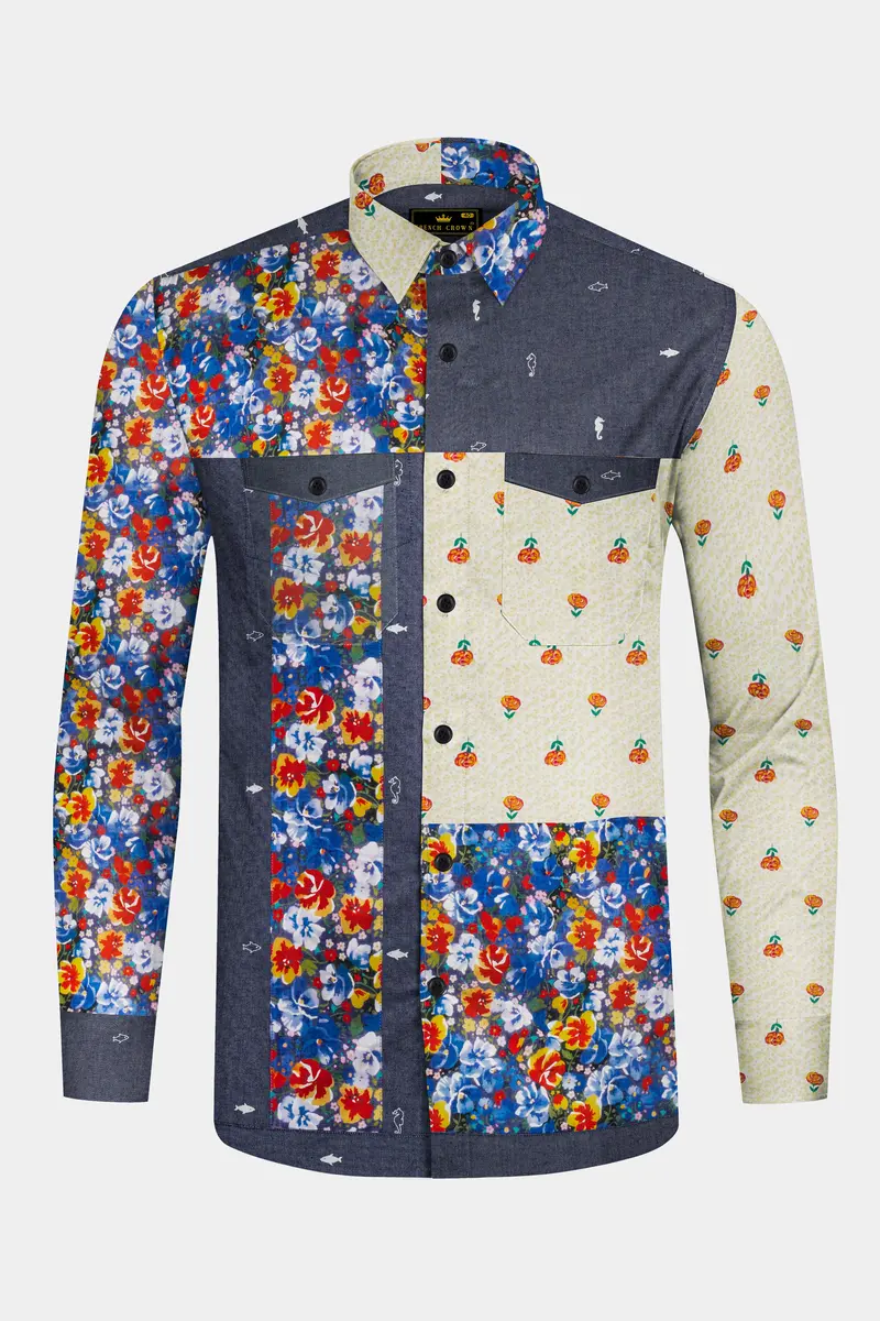 Neptune Blue With Amethyst Gray Floral Printed Denim Designer Shirt 2