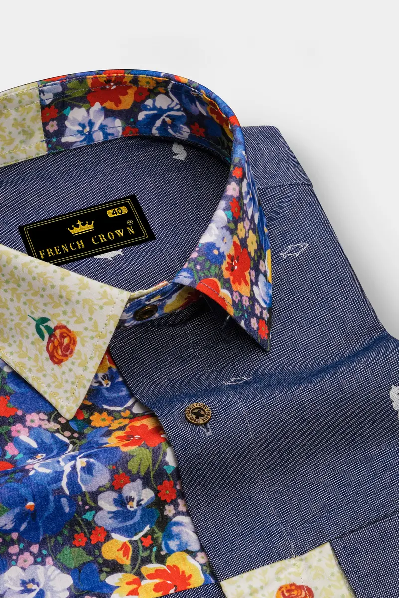 Neptune Blue With Amethyst Gray Floral Printed Denim Designer Shirt 4