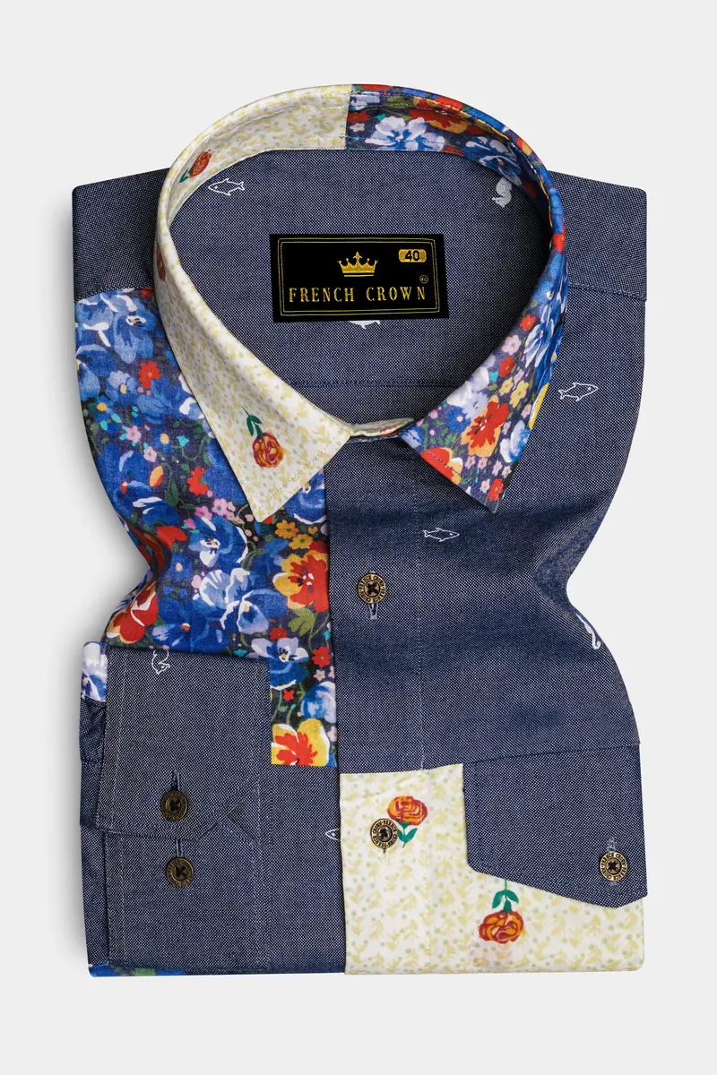 Neptune Blue With Amethyst Gray Floral Printed Denim Designer Shirt 5