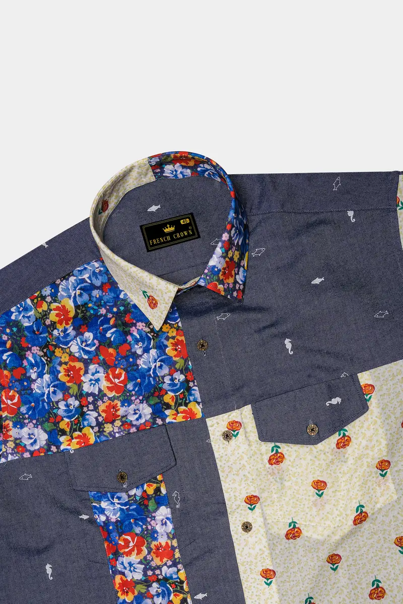 Neptune Blue With Amethyst Gray Floral Printed Denim Designer Shirt 6