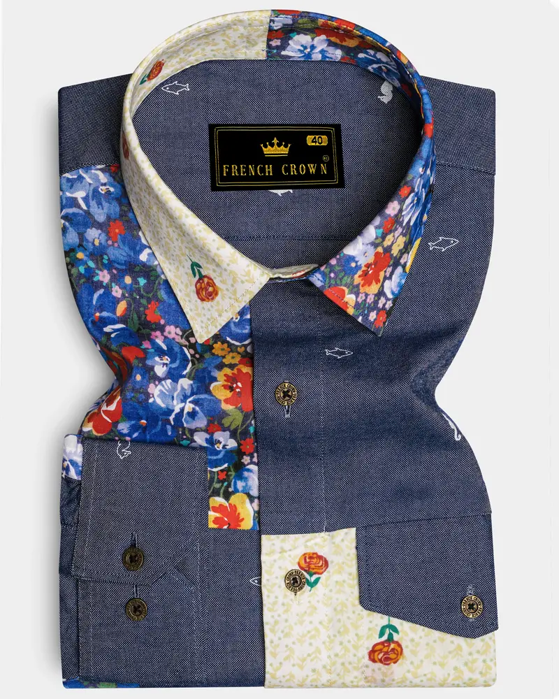 Neptune Blue With Amethyst Gray Floral Printed Denim Designer Shirt 8