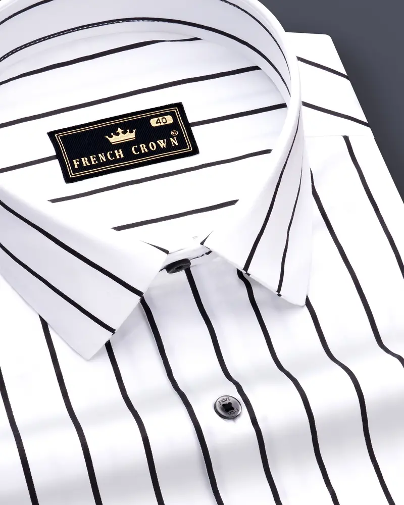 Nerbian-Bright White And Jade Black Pin Striped Subtle Sheen Super Soft Premium Cotton Dress Shirt 1