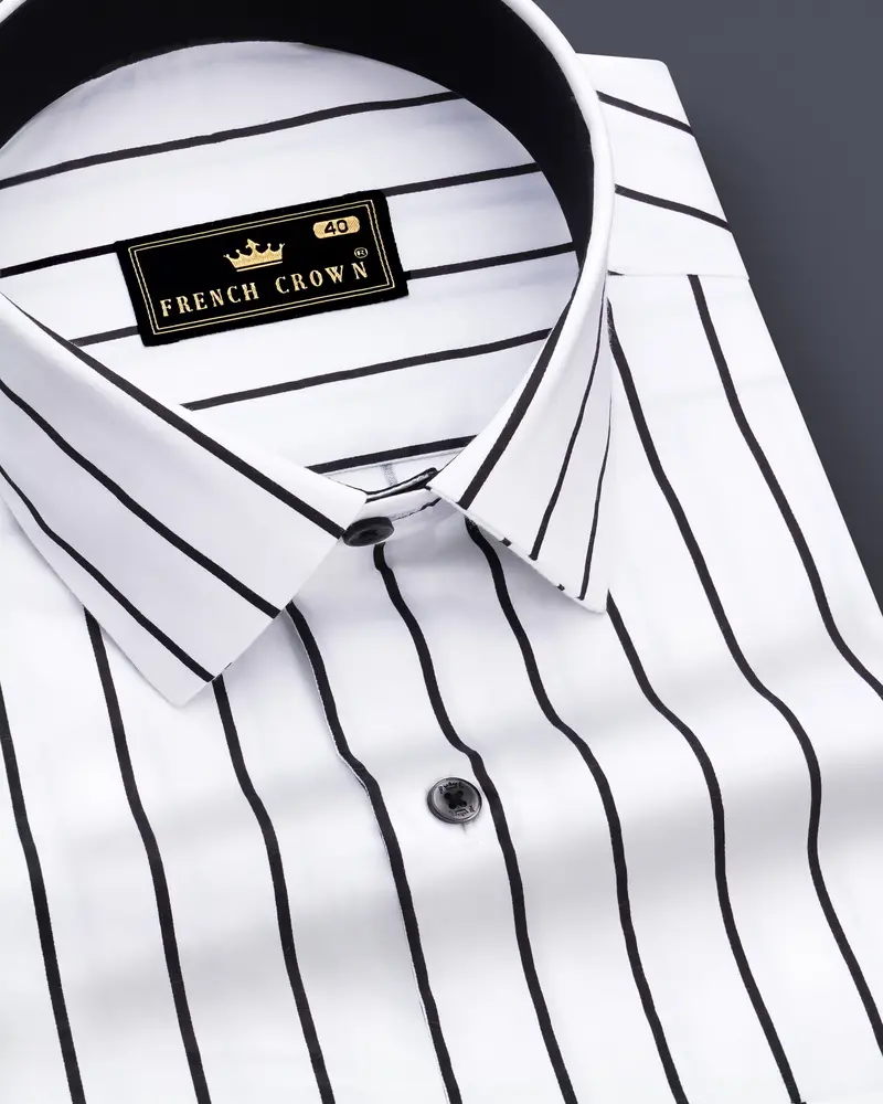 Nerbian-Bright White And Jade Black Pin Striped Subtle Sheen Super Soft Premium Cotton Dress Shirt 1