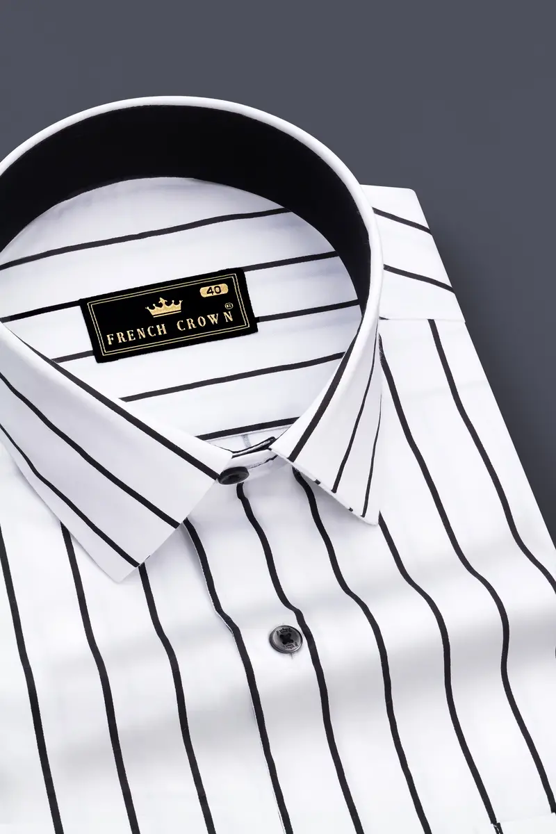 Nerbian-Bright White And Jade Black Pin Striped Subtle Sheen Super Soft Premium Cotton Dress Shirt 2