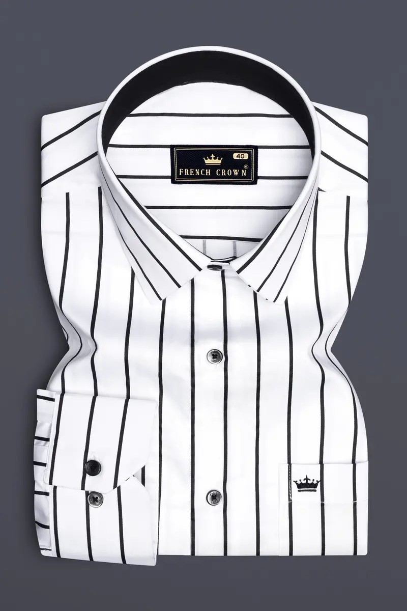 Nerbian-Bright White And Jade Black Pin Striped Subtle Sheen Super Soft Premium Cotton Dress Shirt 4