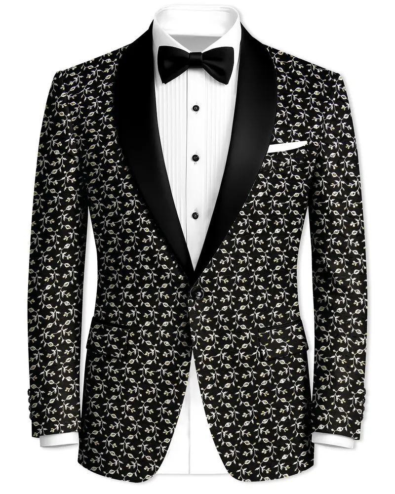 Nerquise-Jade Black Ditsy Pattern Thread And Sequin Embroidered Viscose Designer Tuxedo Blazer 1
