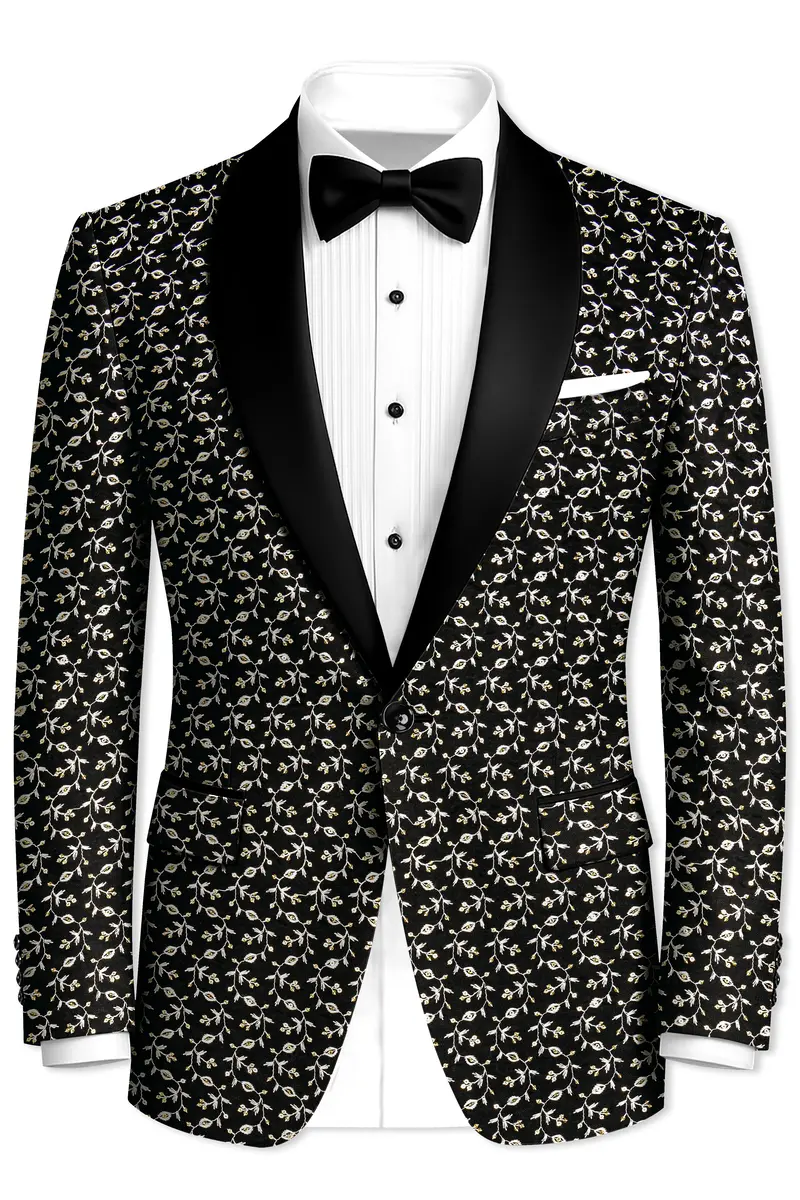 Nerquise-Jade Black Ditsy Pattern Thread And Sequin Embroidered Viscose Designer Tuxedo Blazer 2