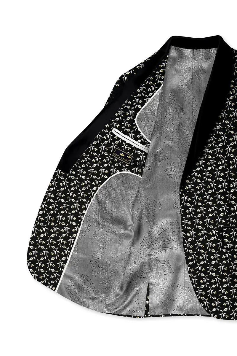 Nerquise-Jade Black Ditsy Pattern Thread And Sequin Embroidered Viscose Designer Tuxedo Blazer 4