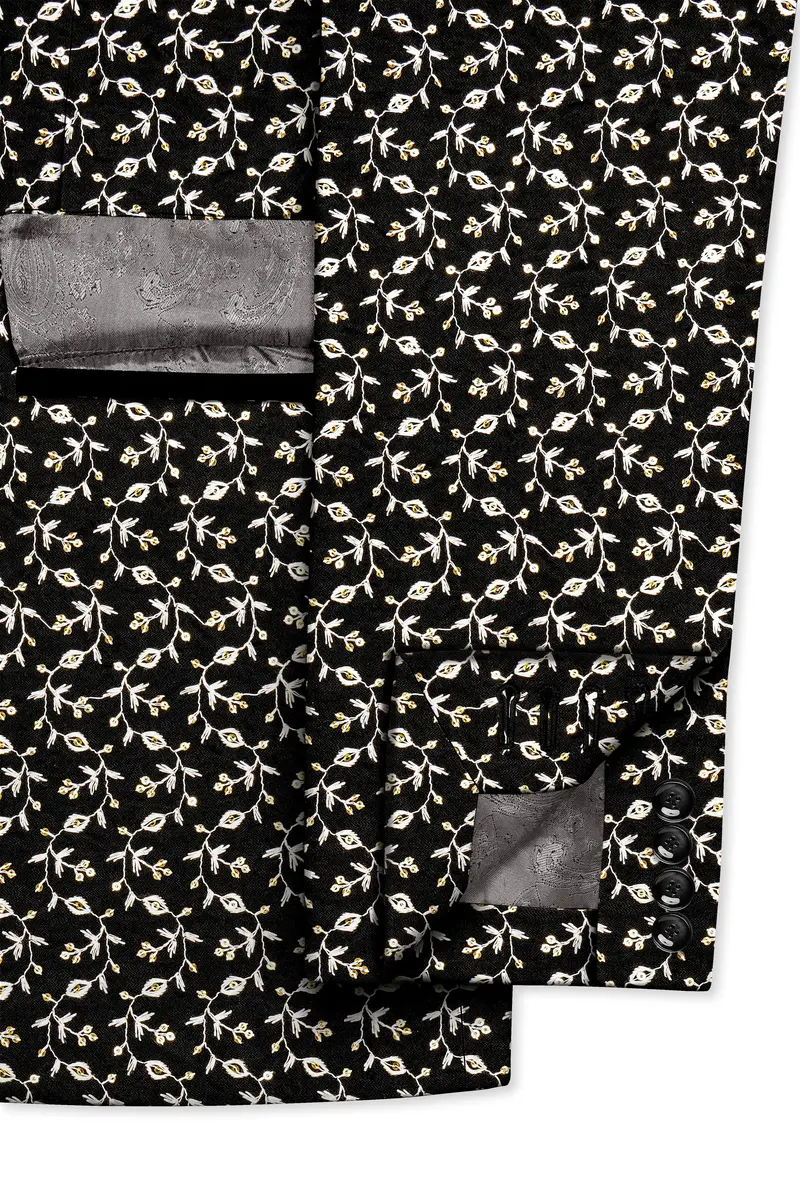 Nerquise-Jade Black Ditsy Pattern Thread And Sequin Embroidered Viscose Designer Tuxedo Blazer 6