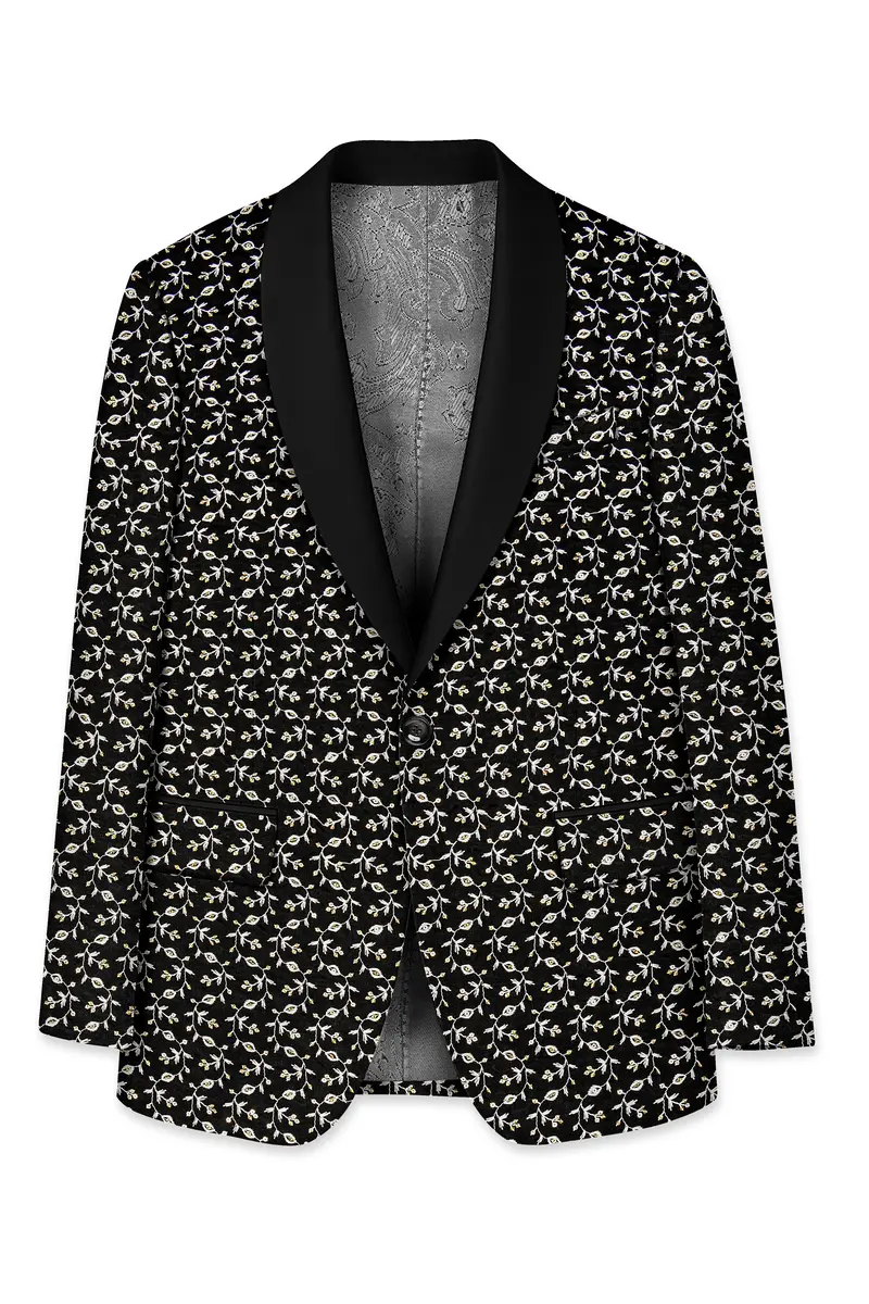 Nerquise-Jade Black Ditsy Pattern Thread And Sequin Embroidered Viscose Designer Tuxedo Blazer 7