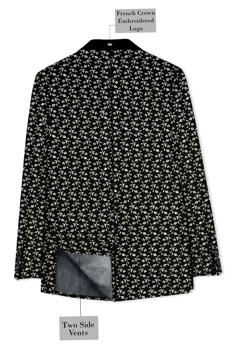 Nerquise-Jade Black Ditsy Pattern Thread And Sequin Embroidered Viscose Designer Tuxedo Blazer 8