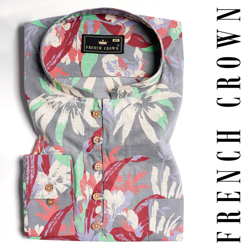 Nevada Gray With Espresso Red And Algae Green Leaves Printed Luxurious Linen Kurta Shirt 1