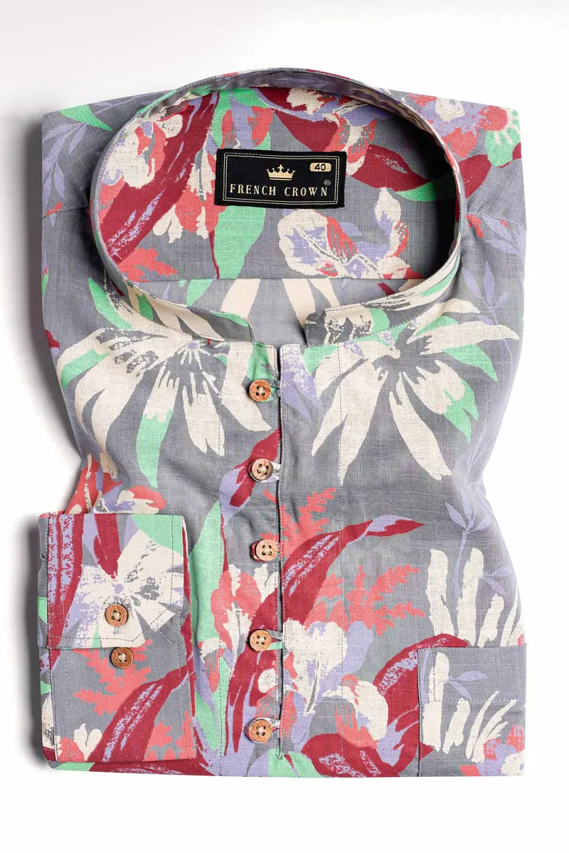 Nevada Gray With Espresso Red And Algae Green Leaves Printed Luxurious Linen Kurta Shirt 2