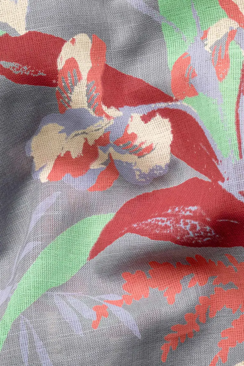 Nevada Gray With Espresso Red And Algae Green Leaves Printed Luxurious Linen Kurta Shirt 3