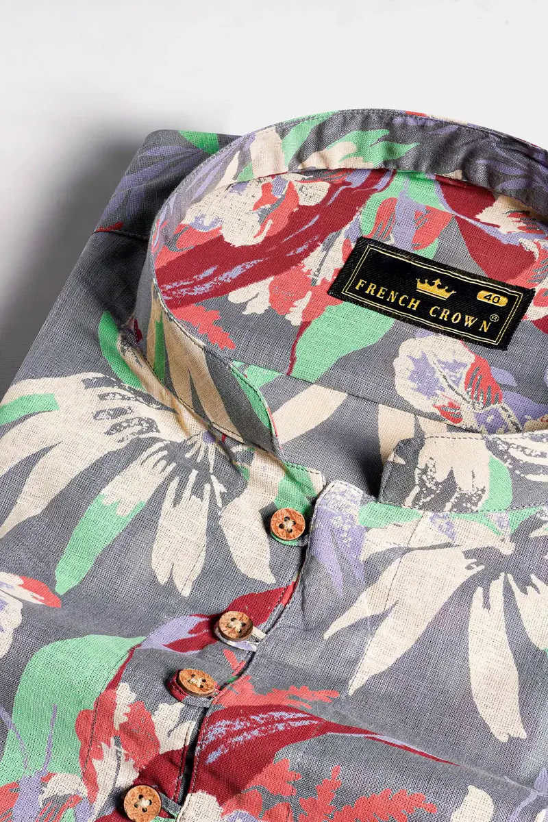 Nevada Gray With Espresso Red And Algae Green Leaves Printed Luxurious Linen Kurta Shirt 4