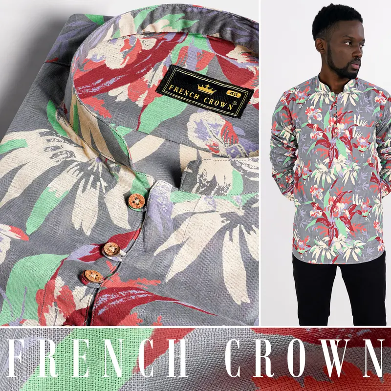 Nevada Gray With Espresso Red And Algae Green Leaves Printed Luxurious Linen Kurta Shirt 5