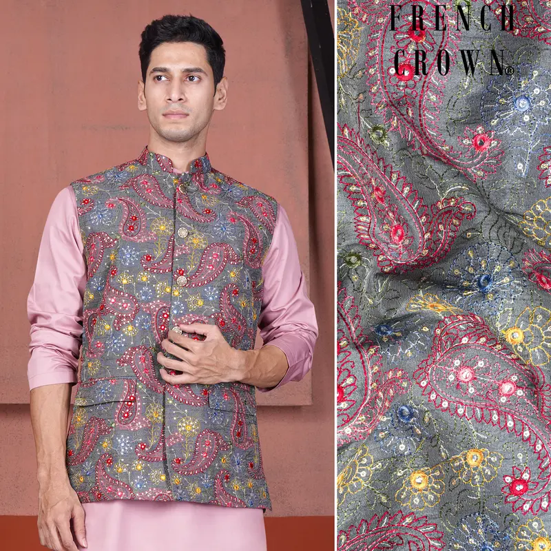 Nickel Gray And Brink Pink Paisley Cotton Thread Embroidered Designer Nehru Jacket 1