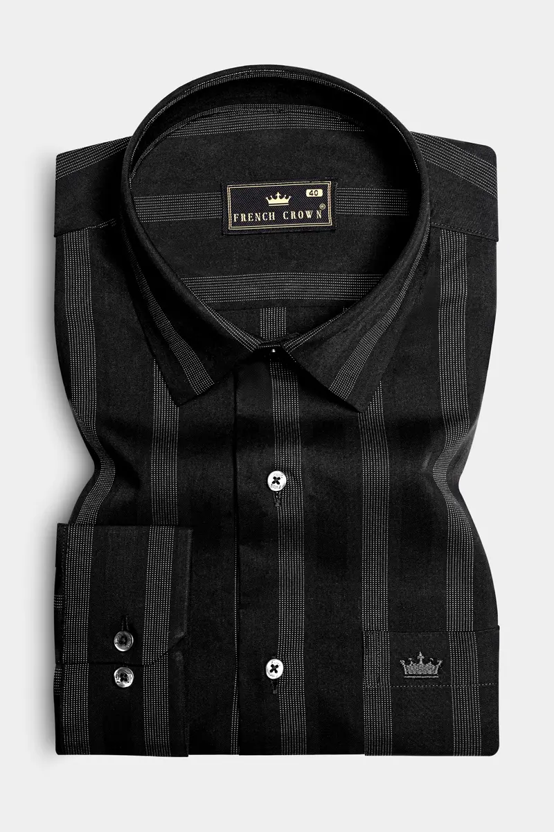 Nightshade-Jade Black Peking Striped Dobby Textured Premium Giza Cotton Dress Shirt 3