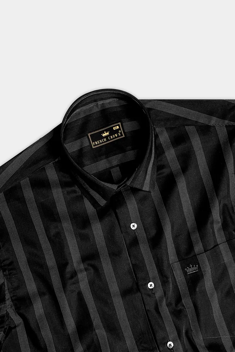 Nightshade-Jade Black Peking Striped Dobby Textured Premium Giza Cotton Dress Shirt 4