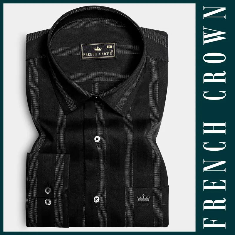 Nightshade-Jade Black Peking Striped Dobby Textured Premium Giza Cotton Dress Shirt 5
