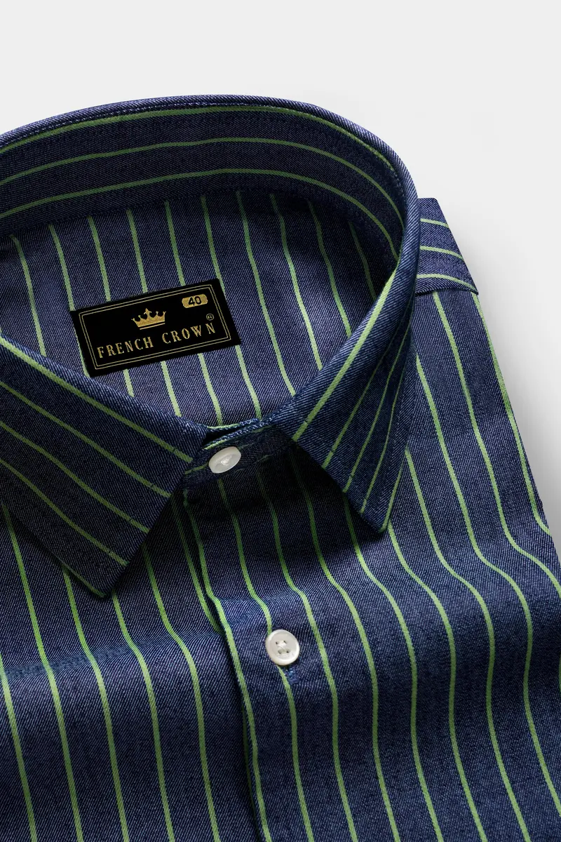 Nile Blue And Dingley Green Striped Premium Cotton Semi Dress Denim Shirt 1