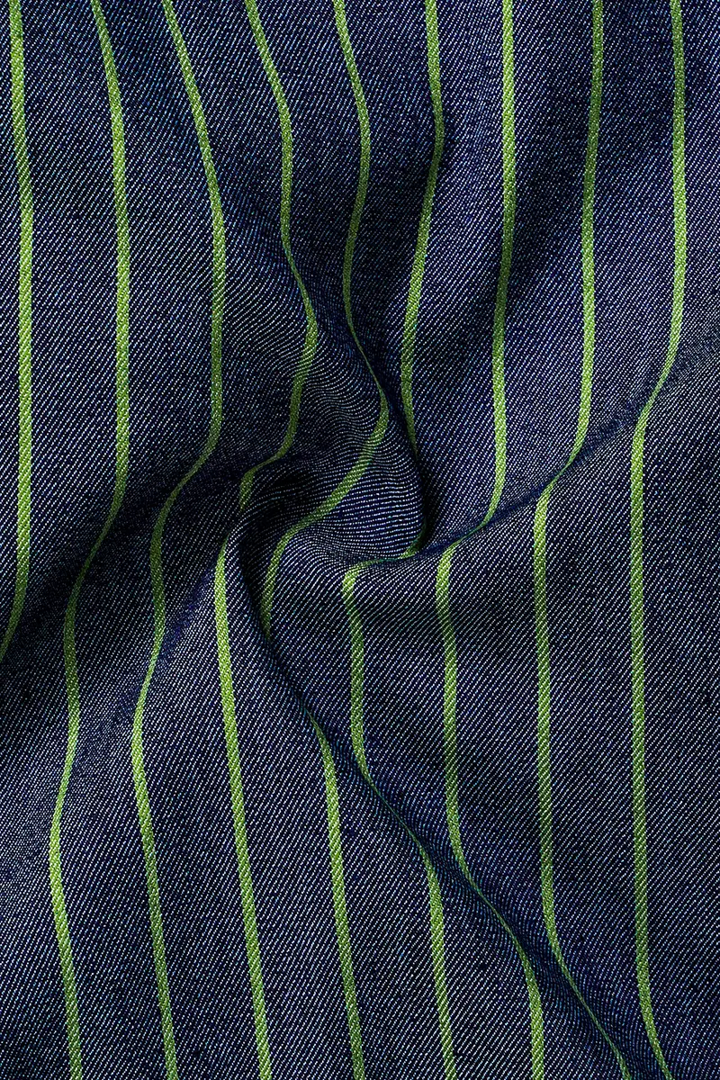 Nile Blue And Dingley Green Striped Premium Cotton Semi Dress Denim Shirt 2