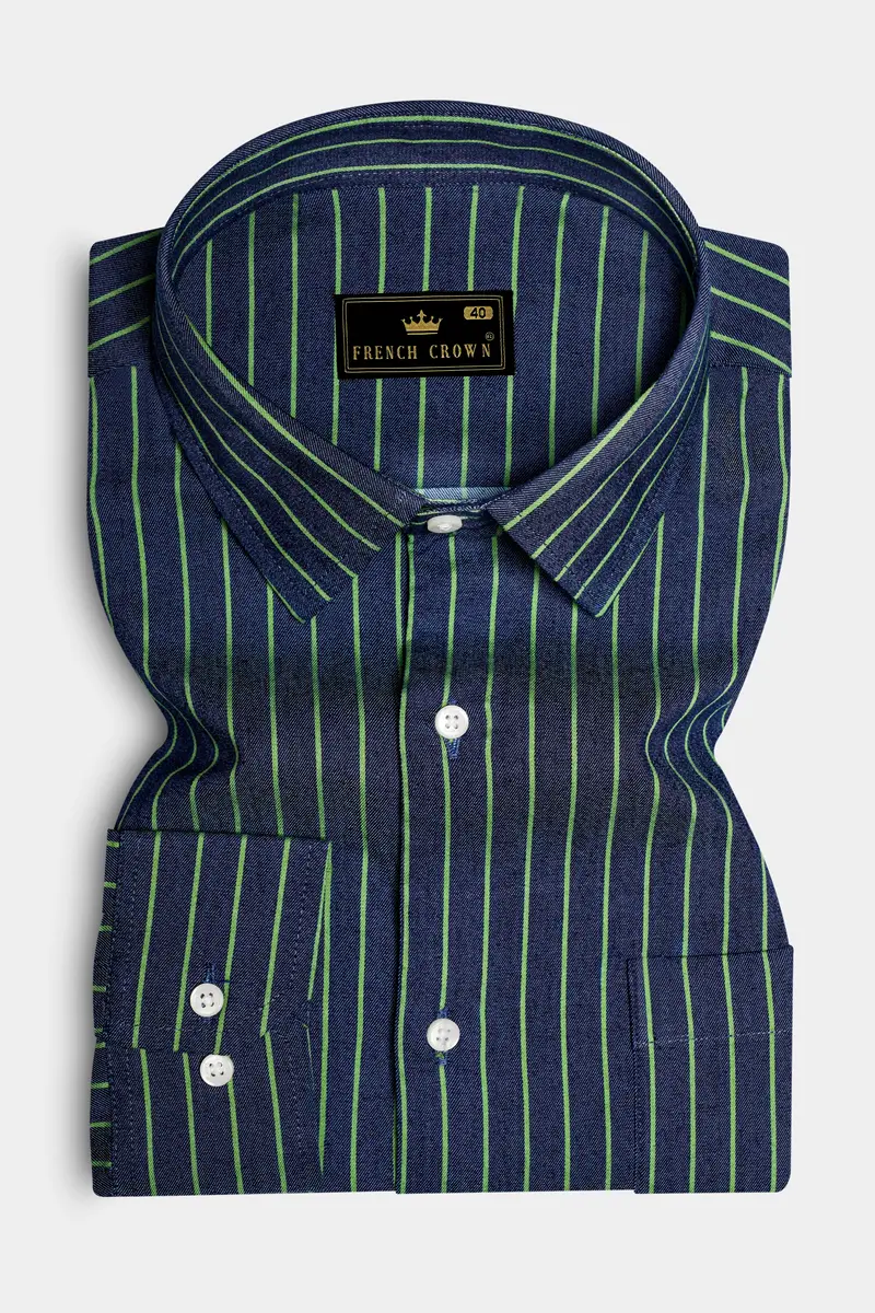 Nile Blue And Dingley Green Striped Premium Cotton Semi Dress Denim Shirt 3