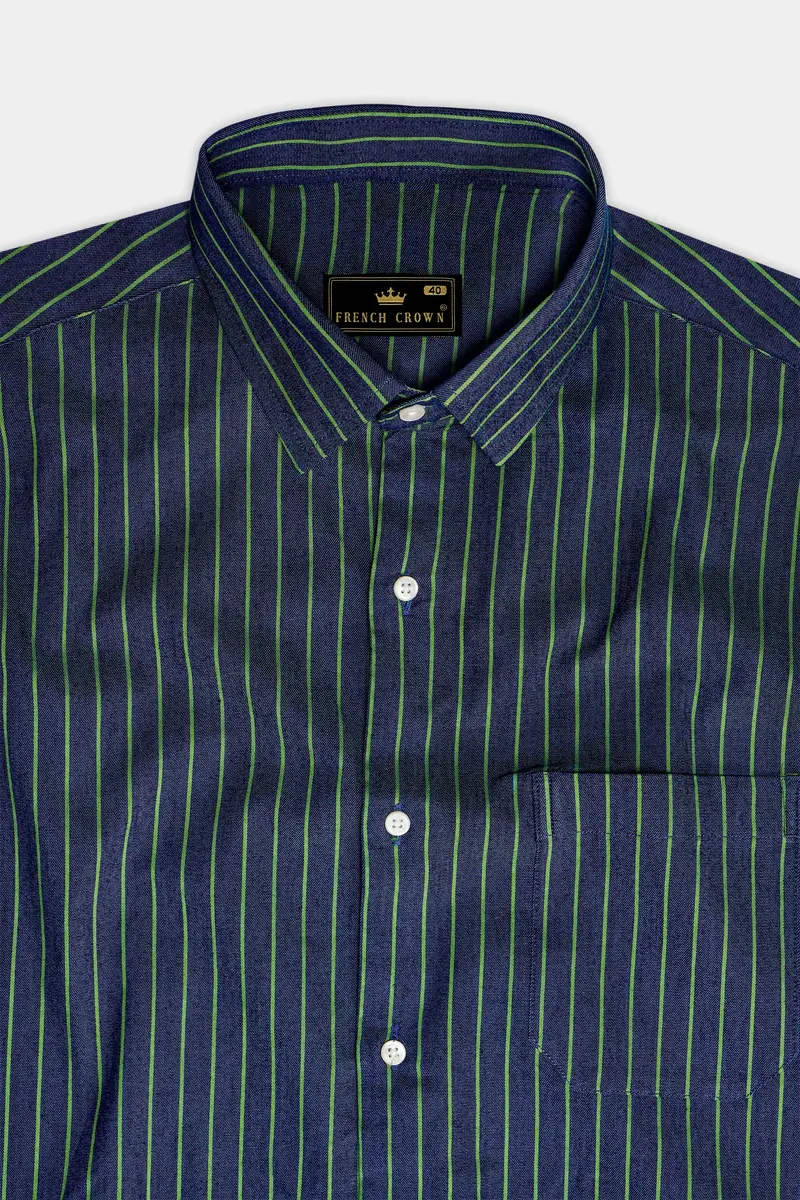 Nile Blue And Dingley Green Striped Premium Cotton Semi Dress Denim Shirt 4