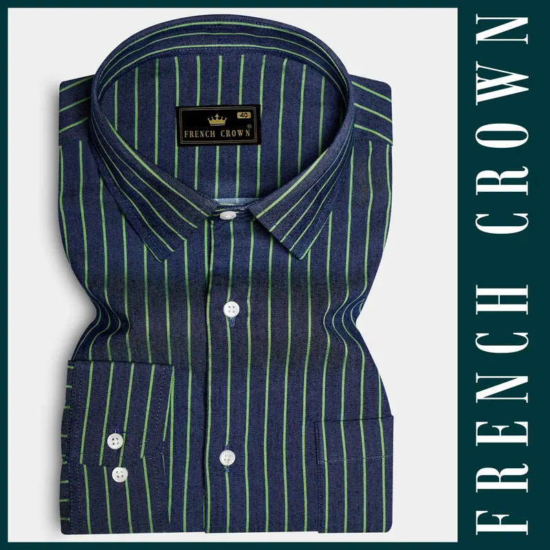 Nile Blue And Dingley Green Striped Premium Cotton Semi Dress Denim Shirt 5