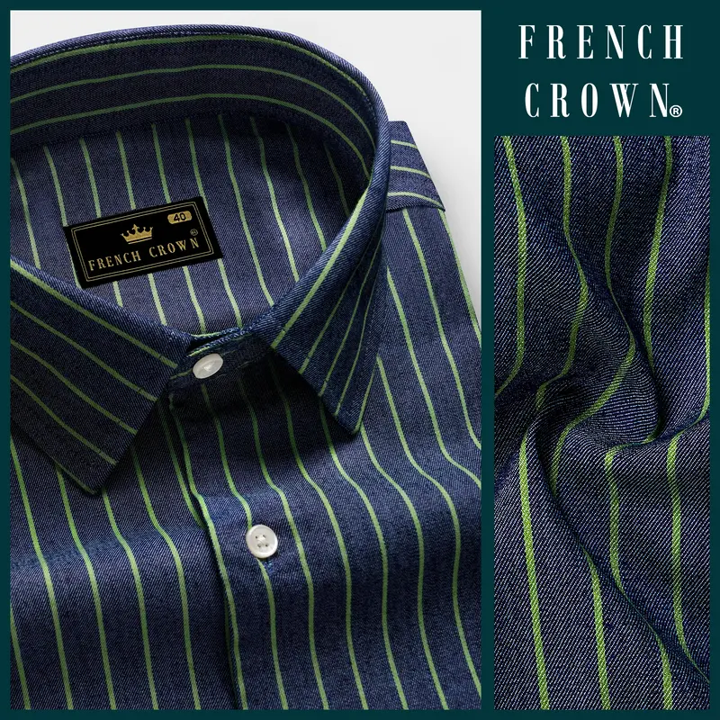 Nile Blue And Dingley Green Striped Premium Cotton Semi Dress Denim Shirt 8