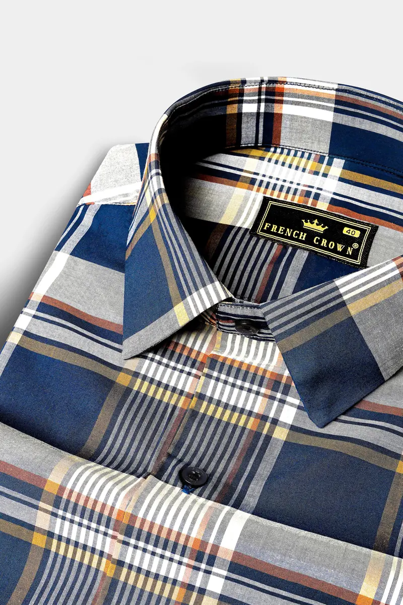Nile Blue And Iron Gray Plaid Giza Cotton Shirt 1