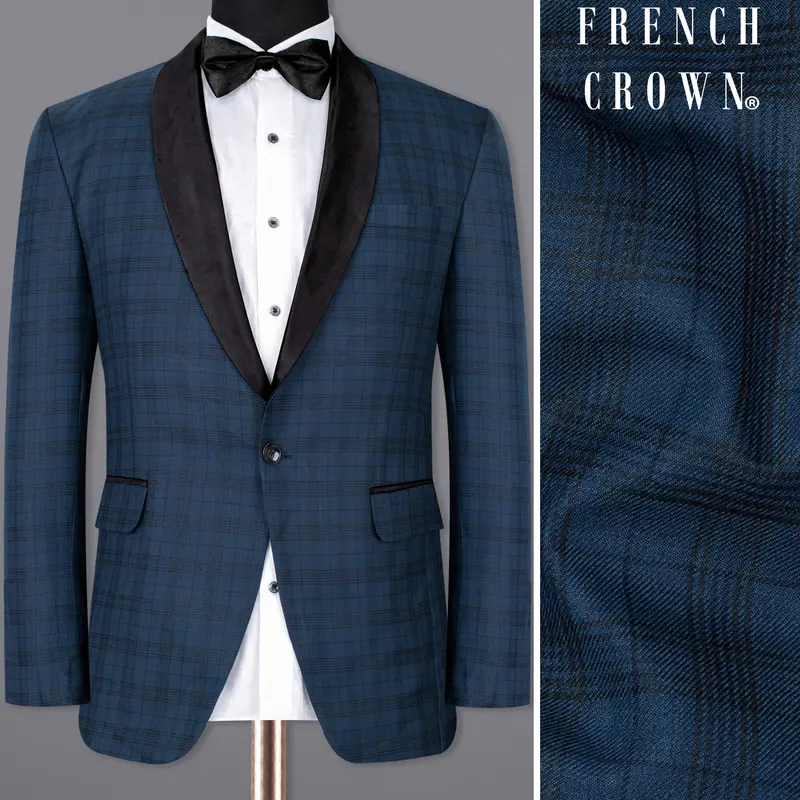 Nile Blue Plaid Wool Rich Tuxedo Blazer 1