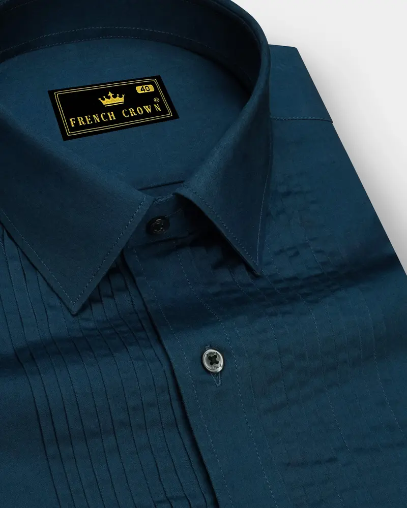 Nile Blue Subtle Sheen Snake Pleated Super Soft Premium Cotton Tuxedo Shirt 1