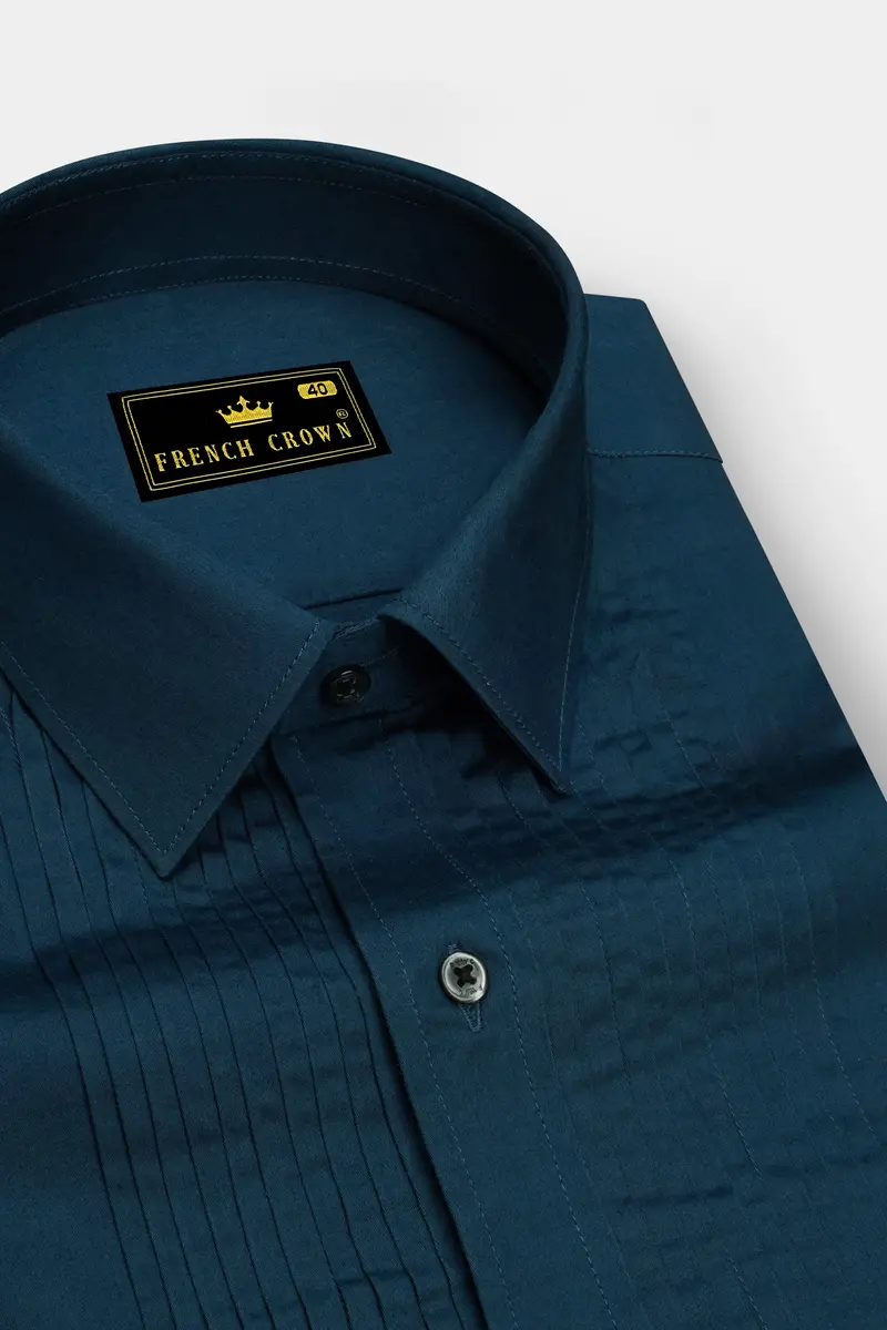 Nile Blue Subtle Sheen Snake Pleated Super Soft Premium Cotton Tuxedo Shirt 2