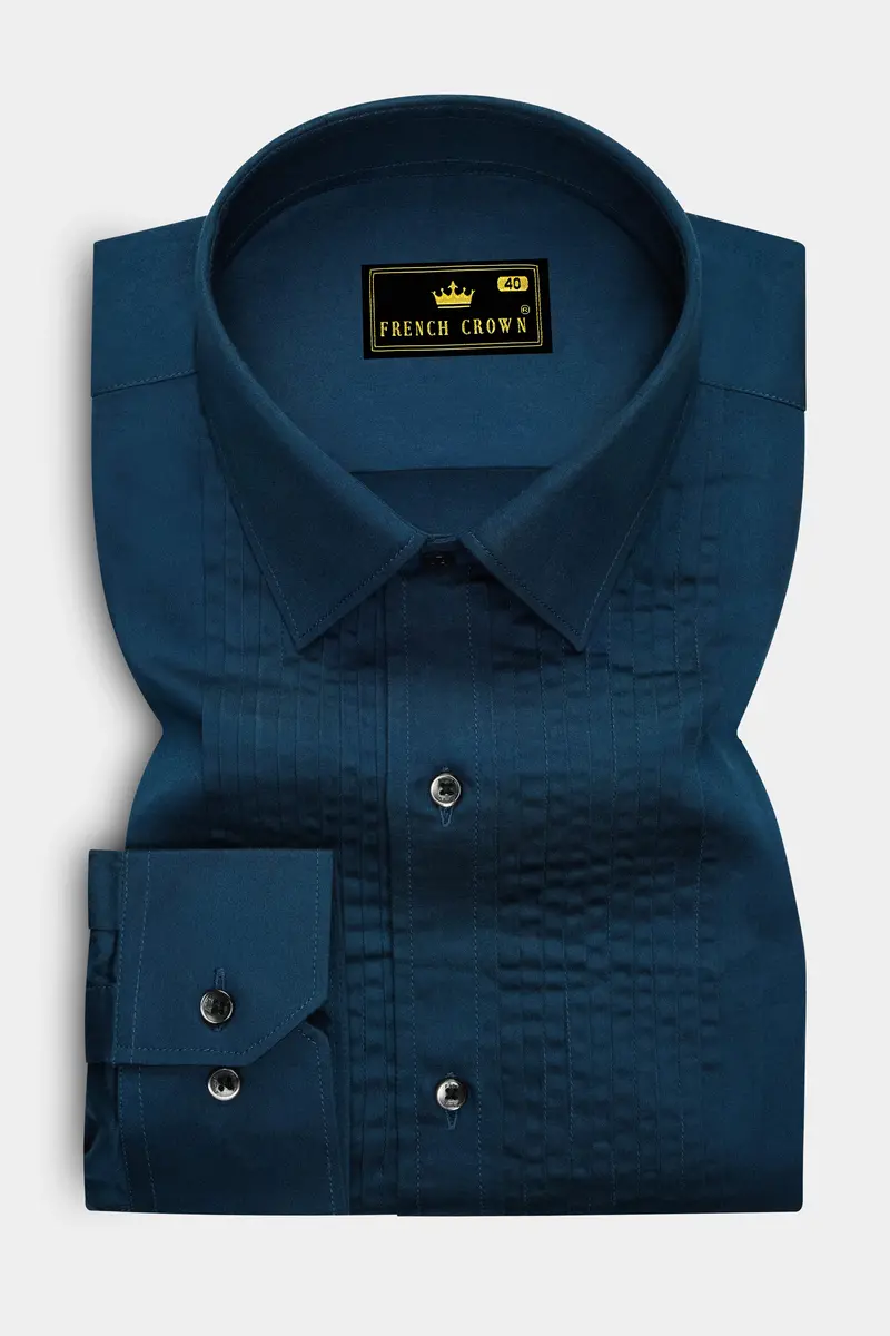 Nile Blue Subtle Sheen Snake Pleated Super Soft Premium Cotton Tuxedo Shirt 4