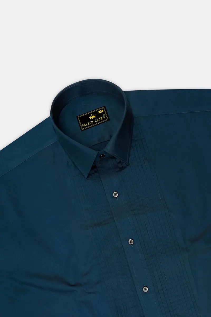 Nile Blue Subtle Sheen Snake Pleated Super Soft Premium Cotton Tuxedo Shirt 5